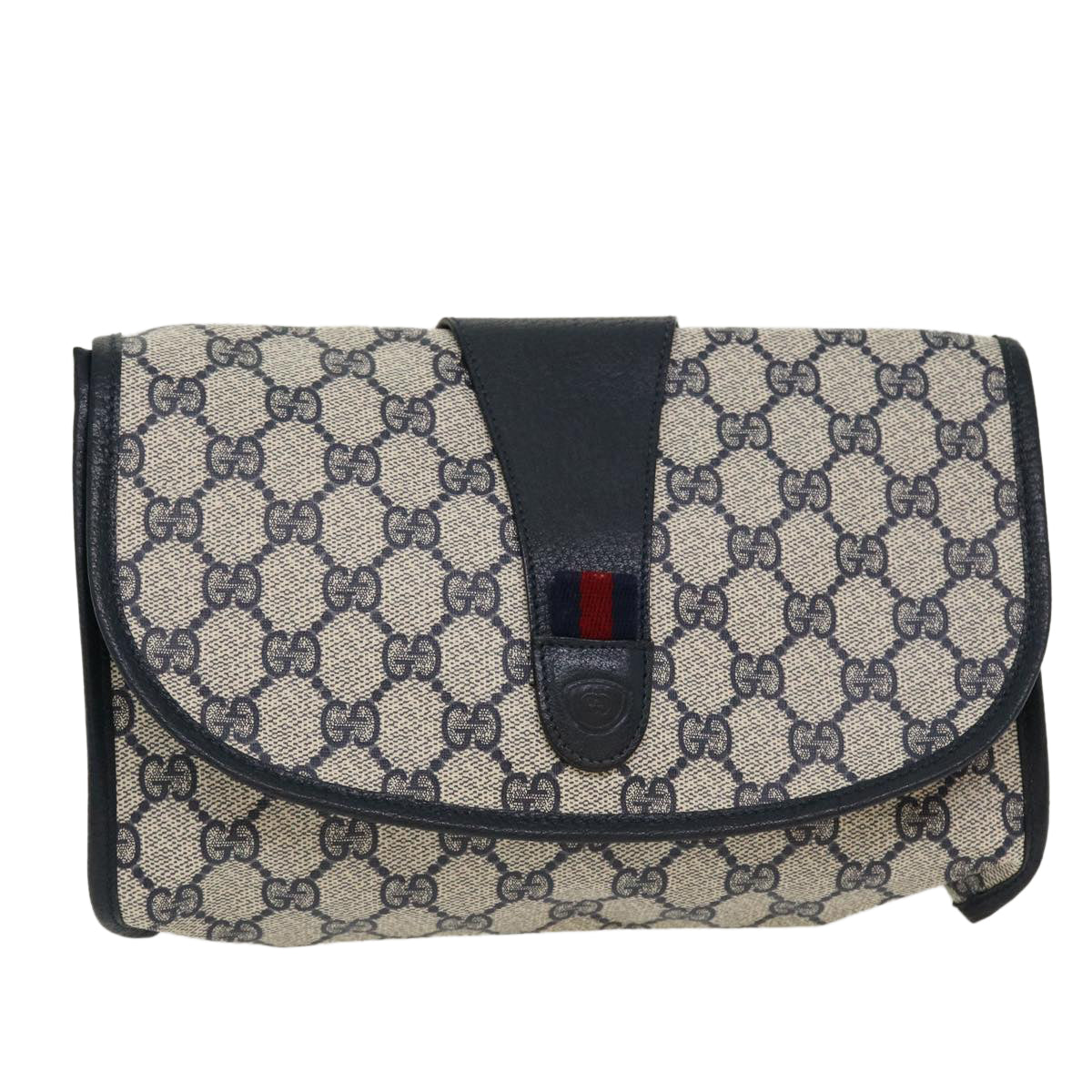 GUCCI GG Canvas Sherry Line Clutch Bag Gray Red Navy 014.122 Auth yk7022B