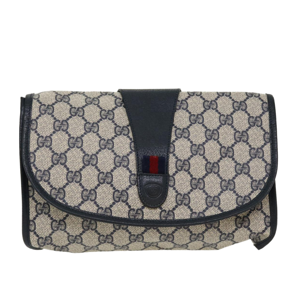 GUCCI GG Canvas Sherry Line Clutch Bag Gray Red Navy 014.122 Auth yk7022B