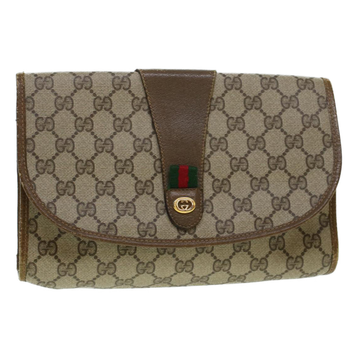 GUCCI GG Canvas Web Sherry Line Clutch Bag Beige Red 89.01.030 Auth yk7078B