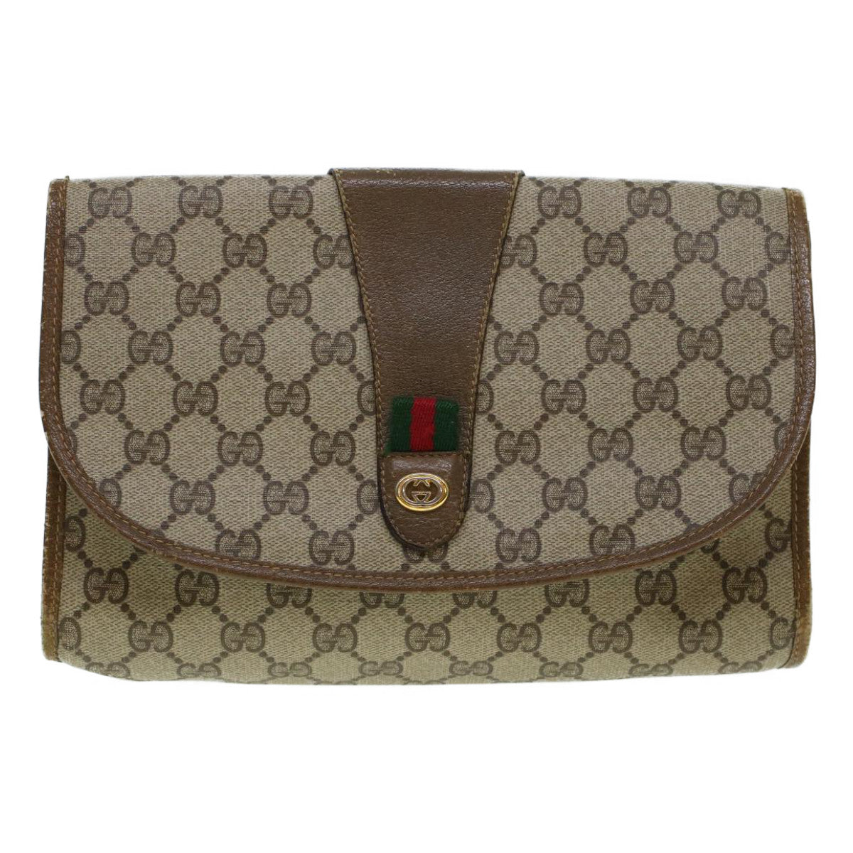 GUCCI GG Canvas Web Sherry Line Clutch Bag Beige Red 89.01.030 Auth yk7078B