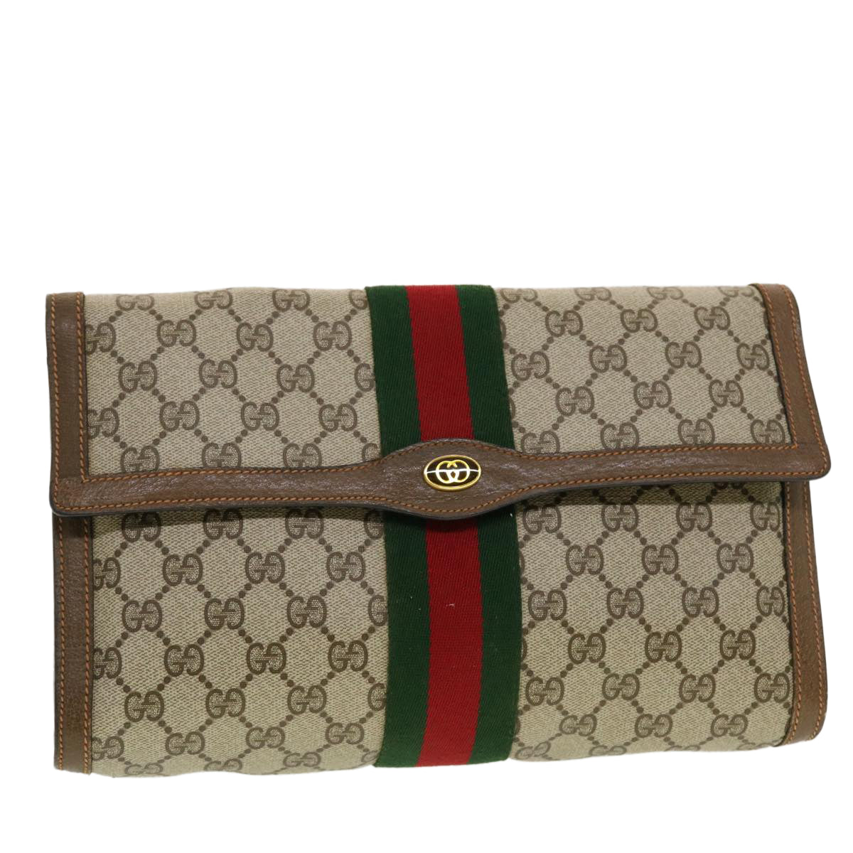 GUCCI GG Canvas Web Sherry Line Clutch Bag Beige Red 89.01.007 Auth yk7088B