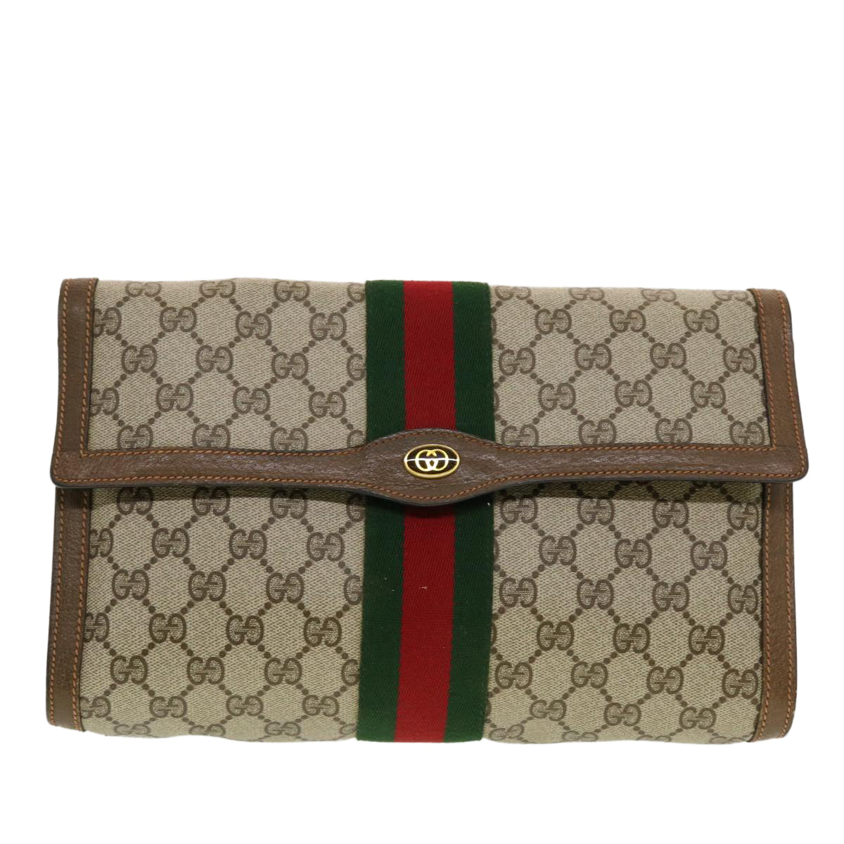 GUCCI GG Canvas Web Sherry Line Clutch Bag Beige Red 89.01.007 Auth yk7088B