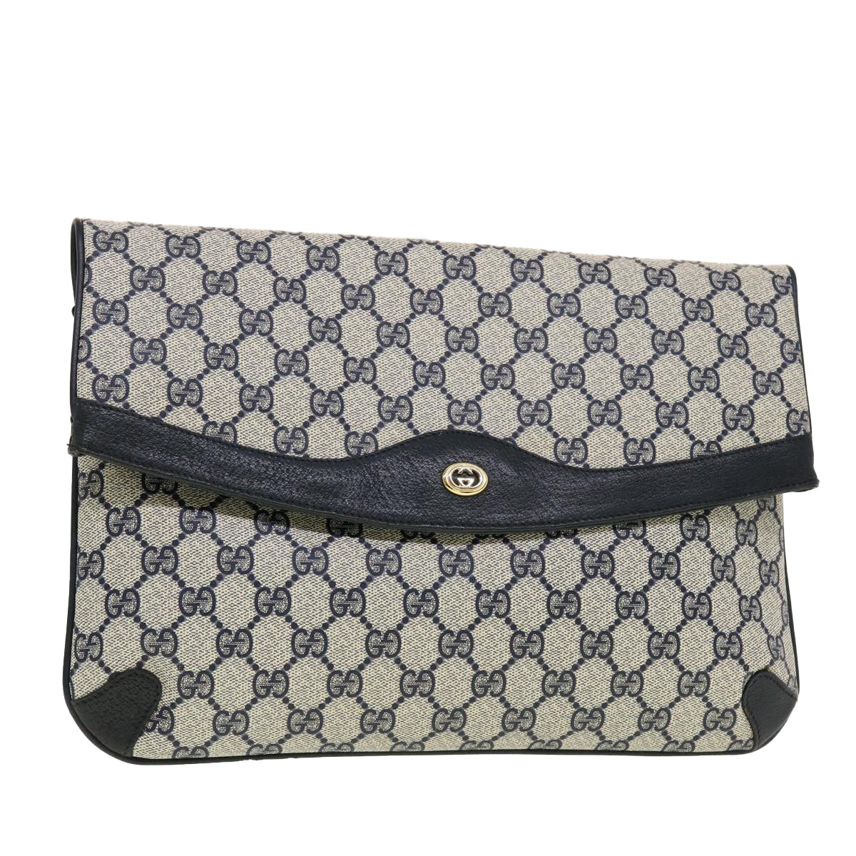 GUCCI GG Canvas Clutch Bag PVC Leather Gray Navy 89.02.075 Auth yk7122