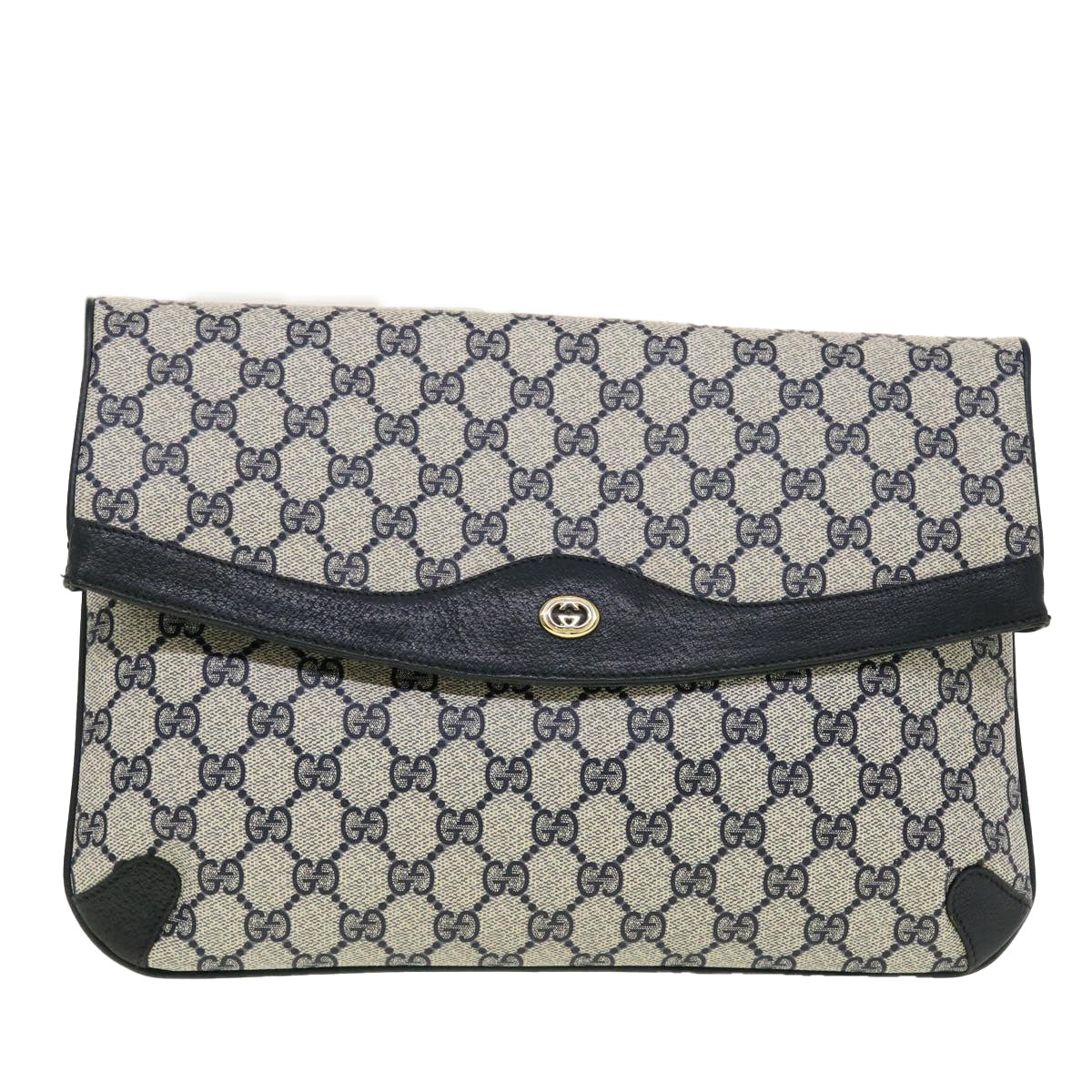 GUCCI GG Canvas Clutch Bag PVC Leather Gray Navy 89.02.075 Auth yk7122