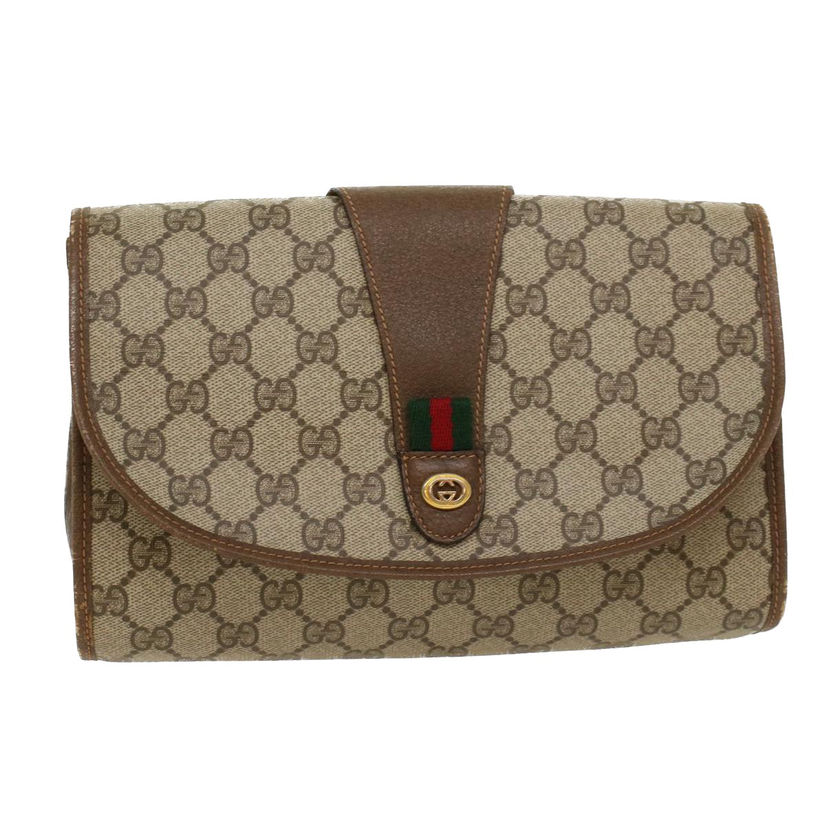 GUCCI GG Canvas Web Sherry Line Clutch Bag Beige Red Green 89.01.030 Auth yk7159