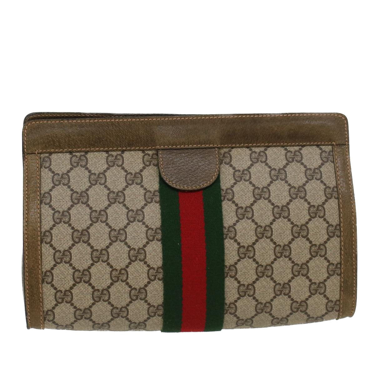 GUCCI GG Canvas Web Sherry Line Clutch Bag Beige Red Green Auth yk7165