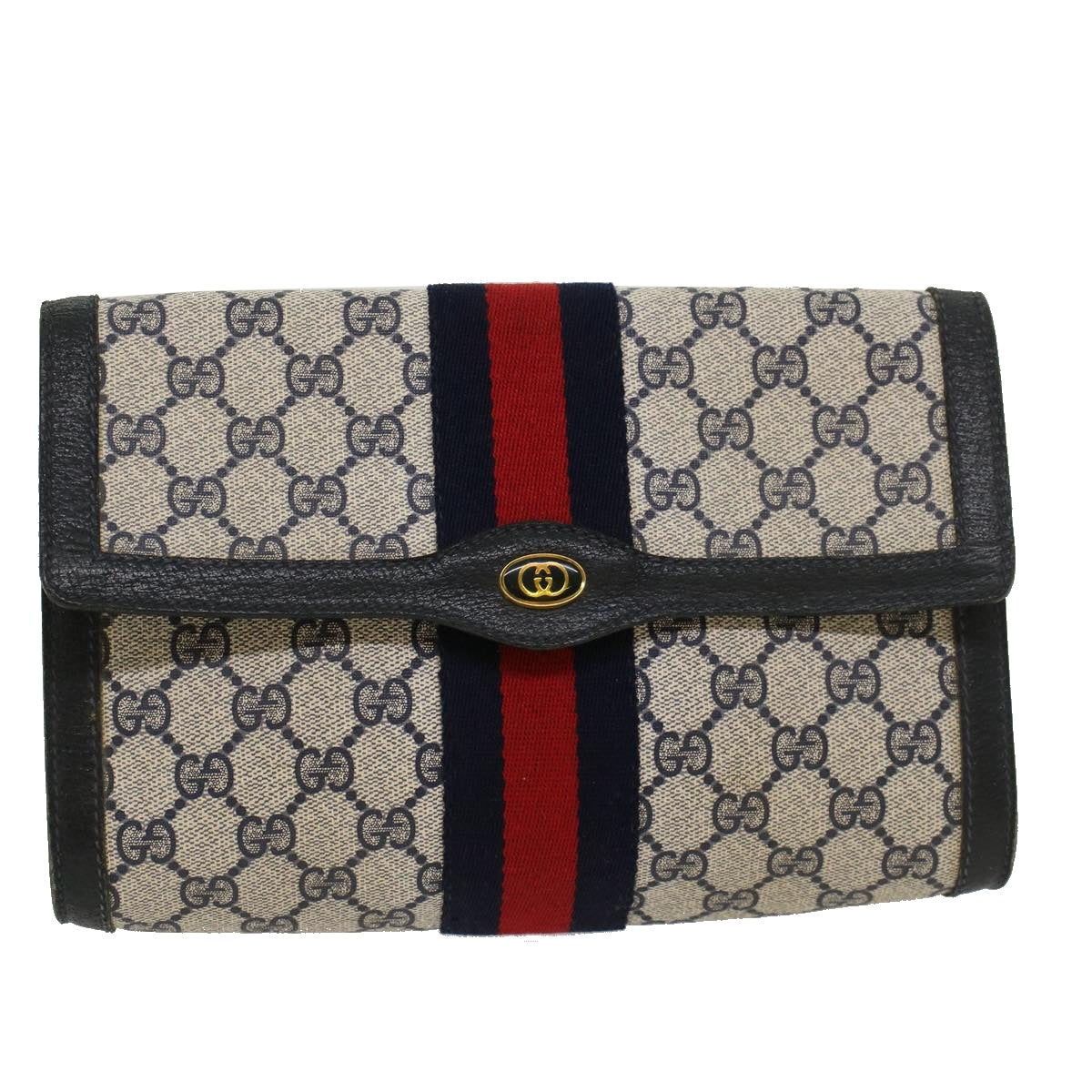 GUCCI GG Canvas Sherry Line Clutch Bag PVC Leather Gray Red Navy Auth yk7169