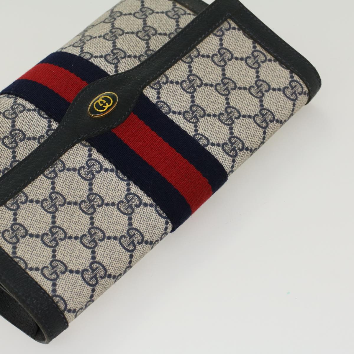 GUCCI GG Canvas Sherry Line Clutch Bag PVC Leather Gray Red Navy Auth yk7169