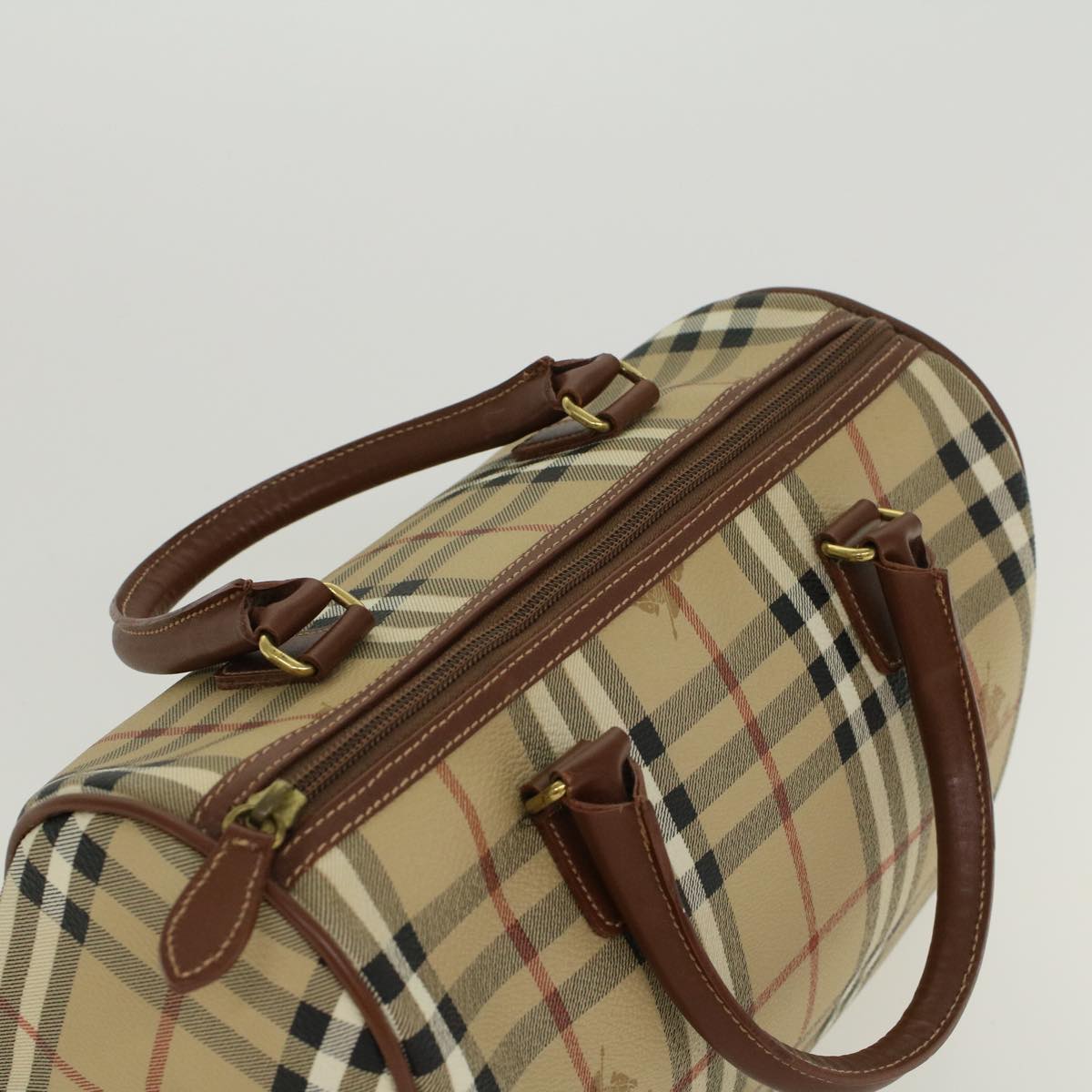 BURBERRY Nova Check Boston Bag PVC Leather Beige Auth yk7246