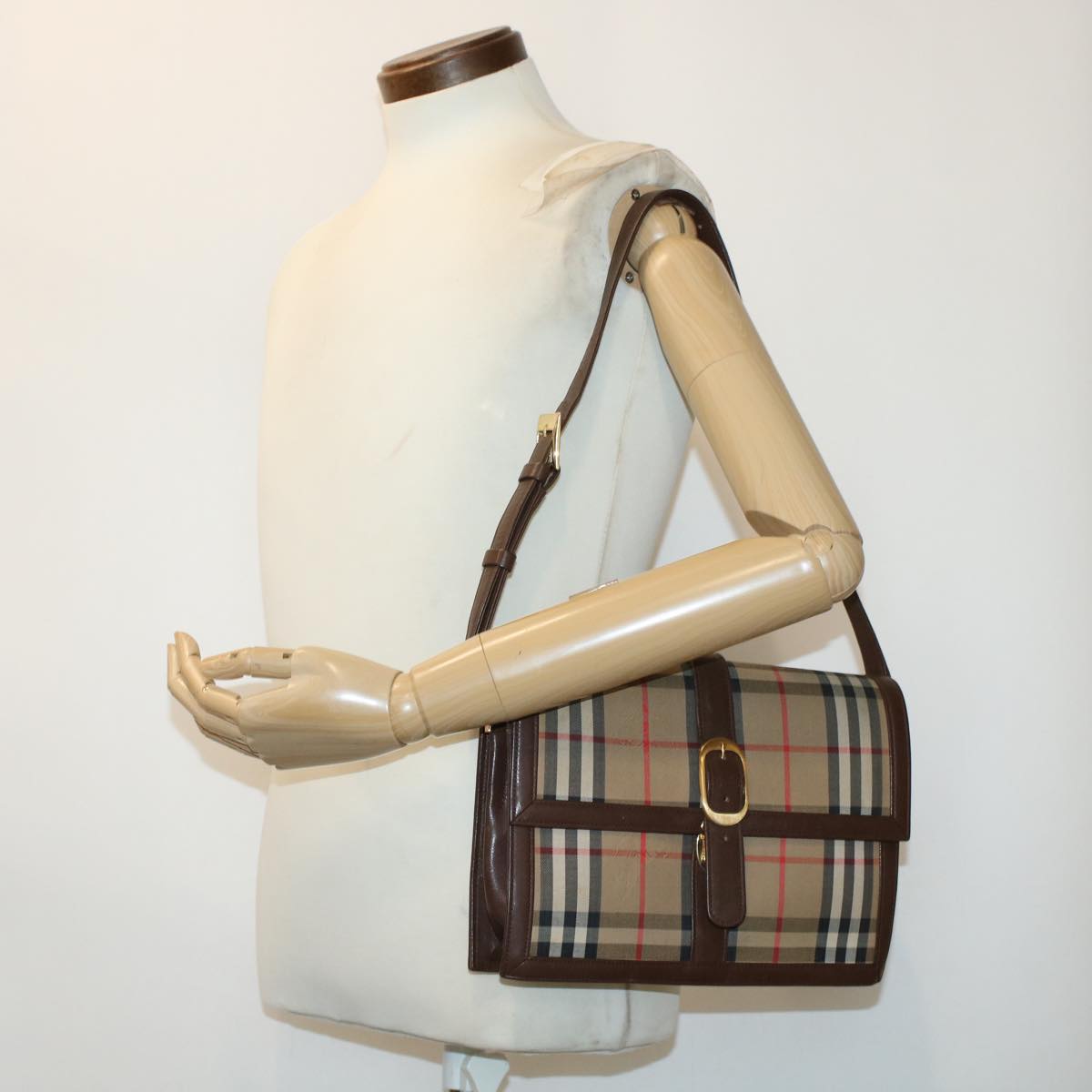 BURBERRY Nova Check Shoulder Bag Nylon Leather Beige Auth yk7435