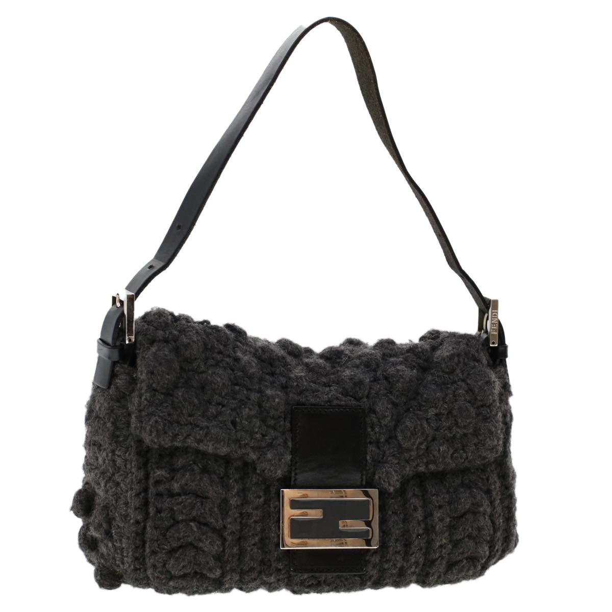 FENDI Mamma Baguette Shoulder Bag Wool Leather Gray Auth yk7448