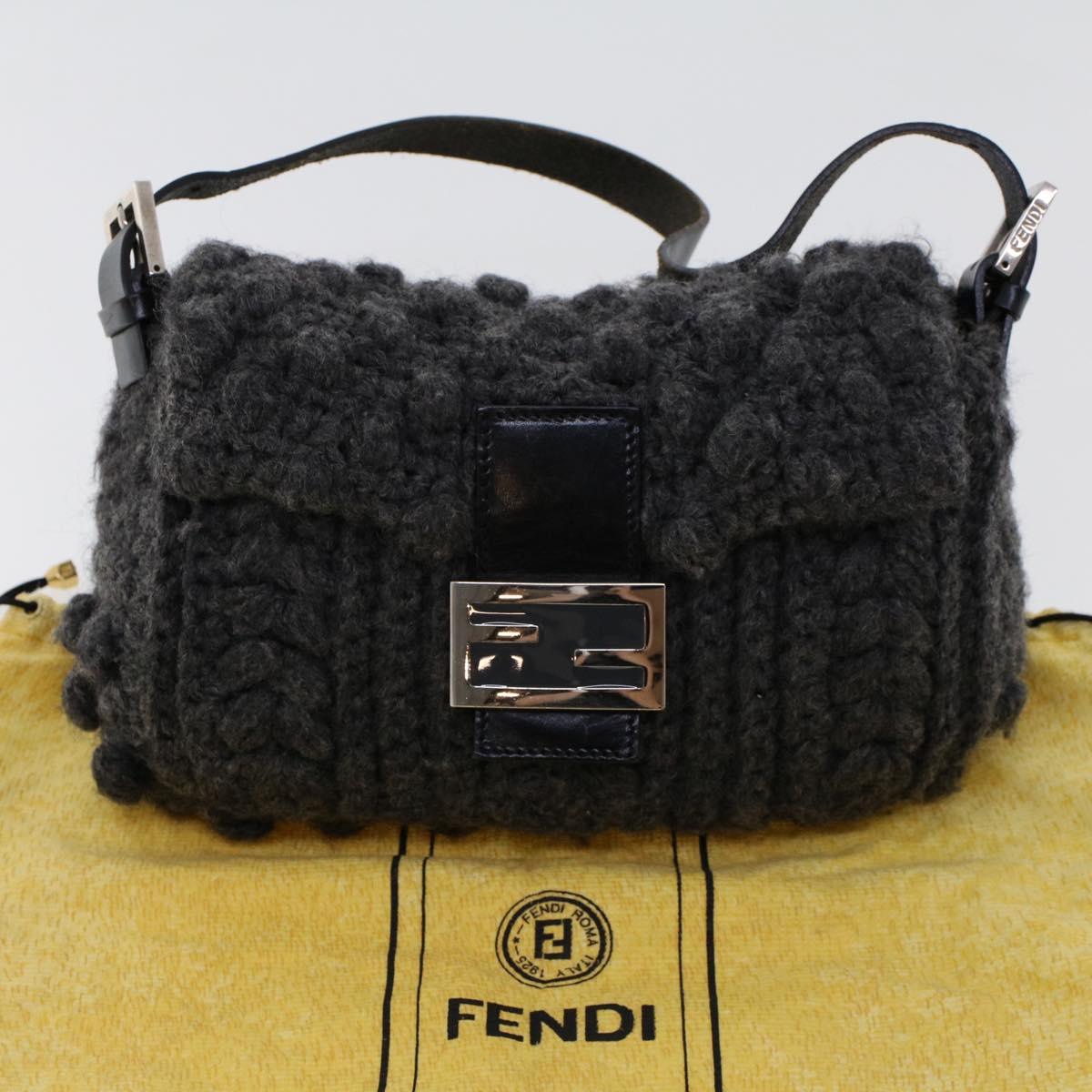 FENDI Mamma Baguette Shoulder Bag Wool Leather Gray Auth yk7448