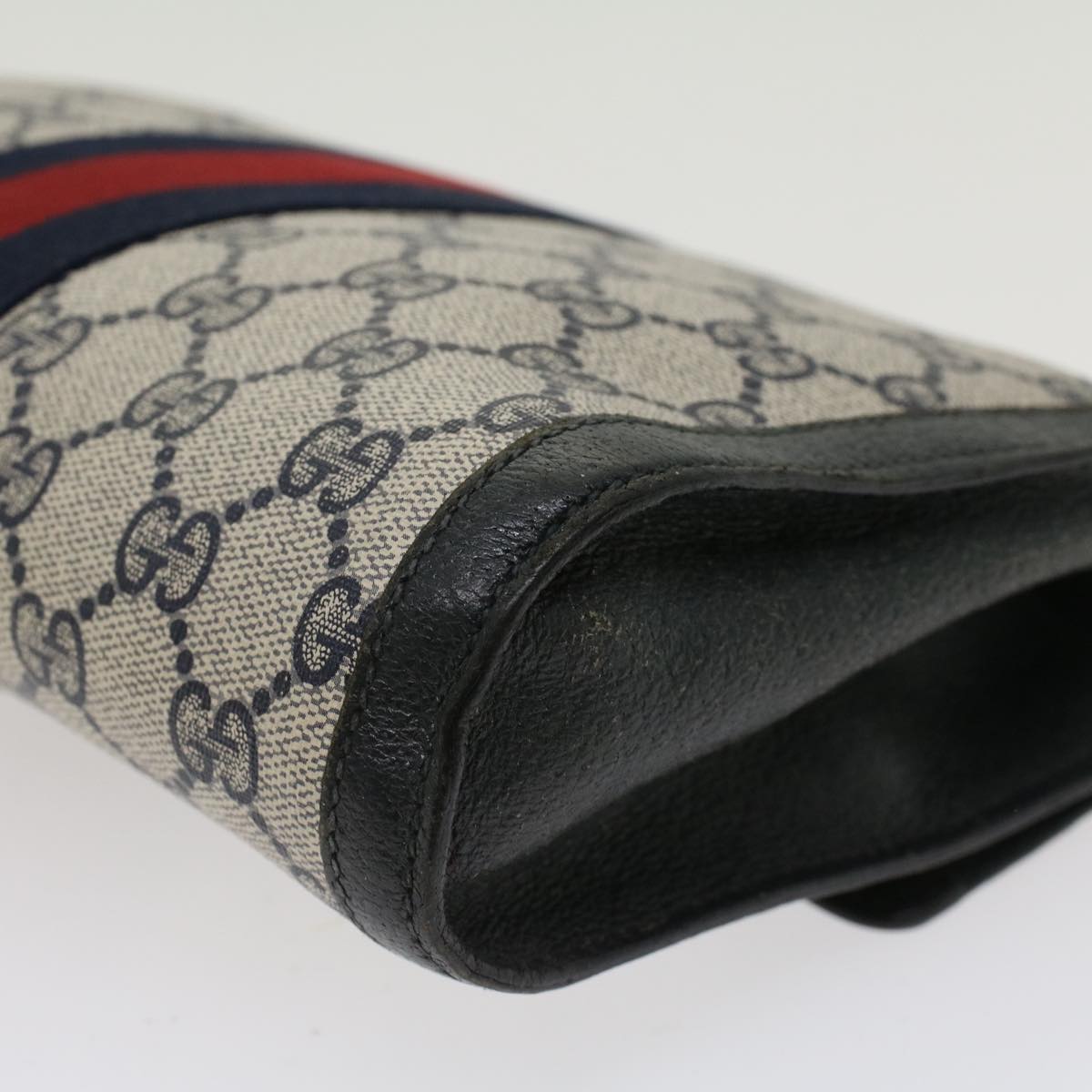 GUCCI GG Canvas Sherry Line Clutch Bag Gray Red Navy 89.01.006 Auth yk7558B