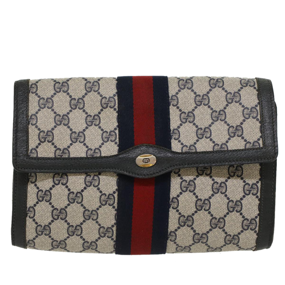 GUCCI GG Canvas Sherry Line Clutch Bag Gray Red Navy 89.01.006 Auth yk7558B