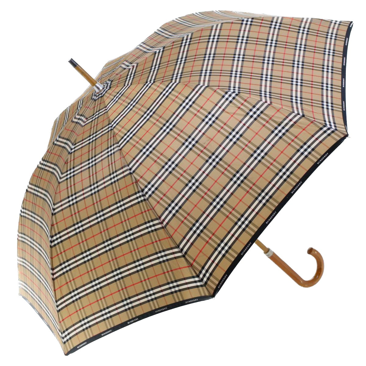 BURBERRY Nova Check Umbrella Nylon Wood Brown Black Red Auth yk7568B