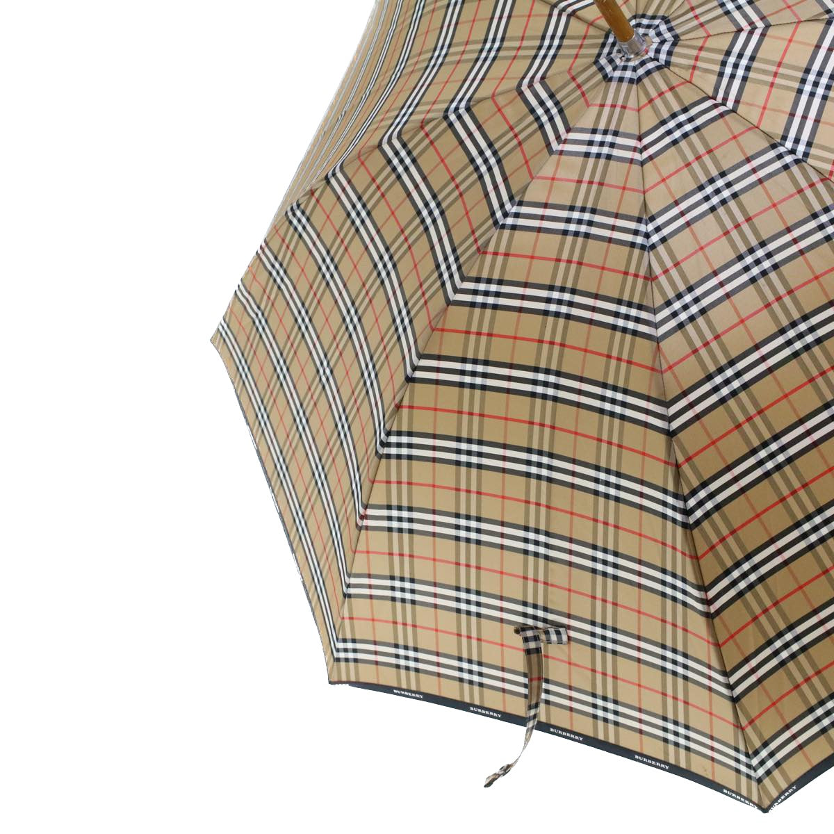 BURBERRY Nova Check Umbrella Nylon Wood Brown Black Red Auth yk7568B