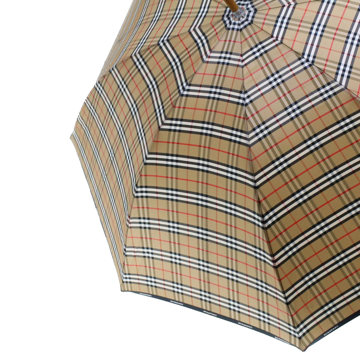 BURBERRY Nova Check Umbrella Nylon Wood Brown Black Red Auth yk7568B