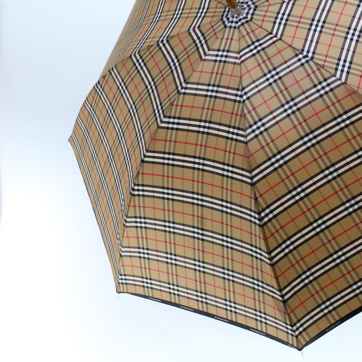 BURBERRY Nova Check Umbrella Nylon Wood Brown Black Red Auth yk7568B