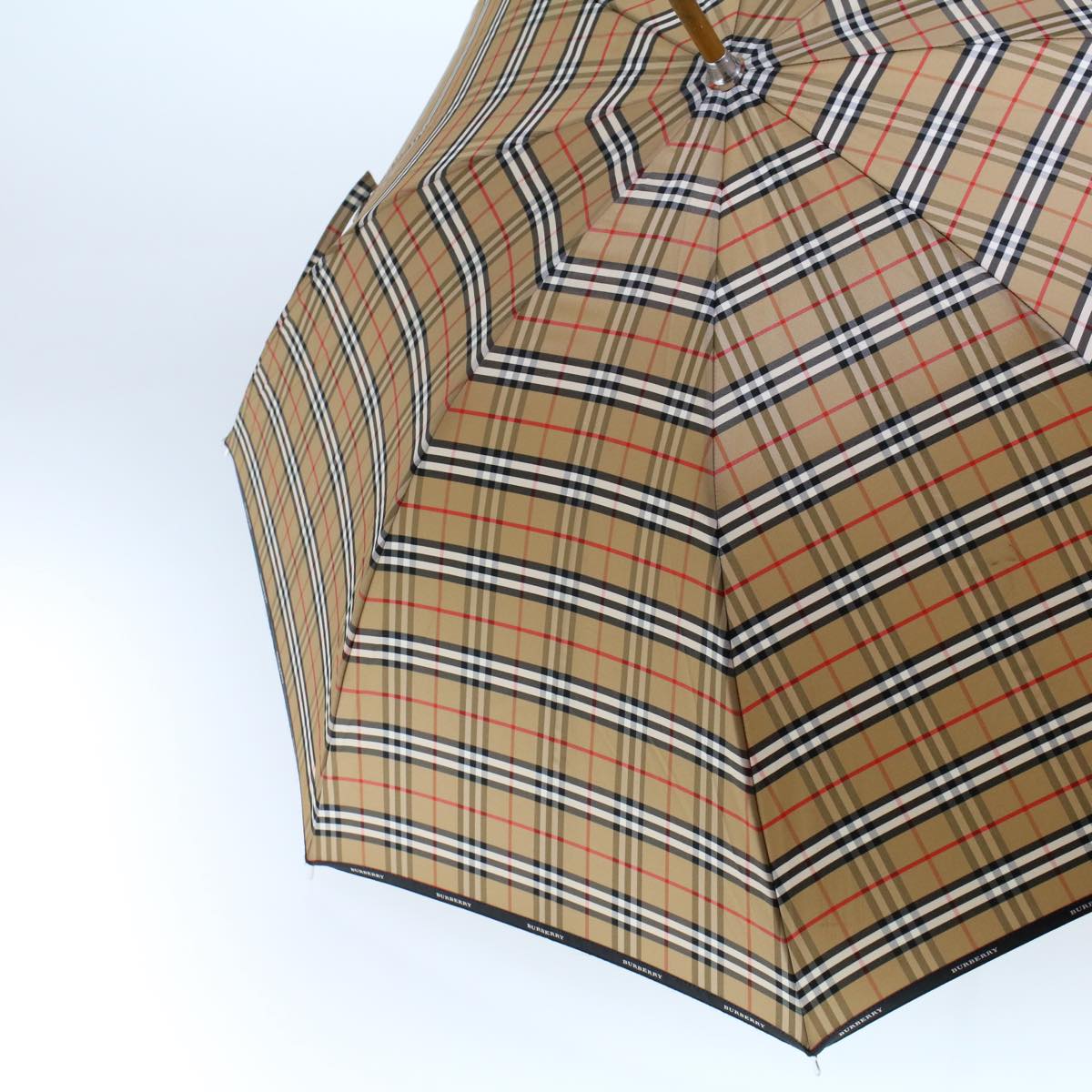 BURBERRY Nova Check Umbrella Nylon Wood Brown Black Red Auth yk7568B