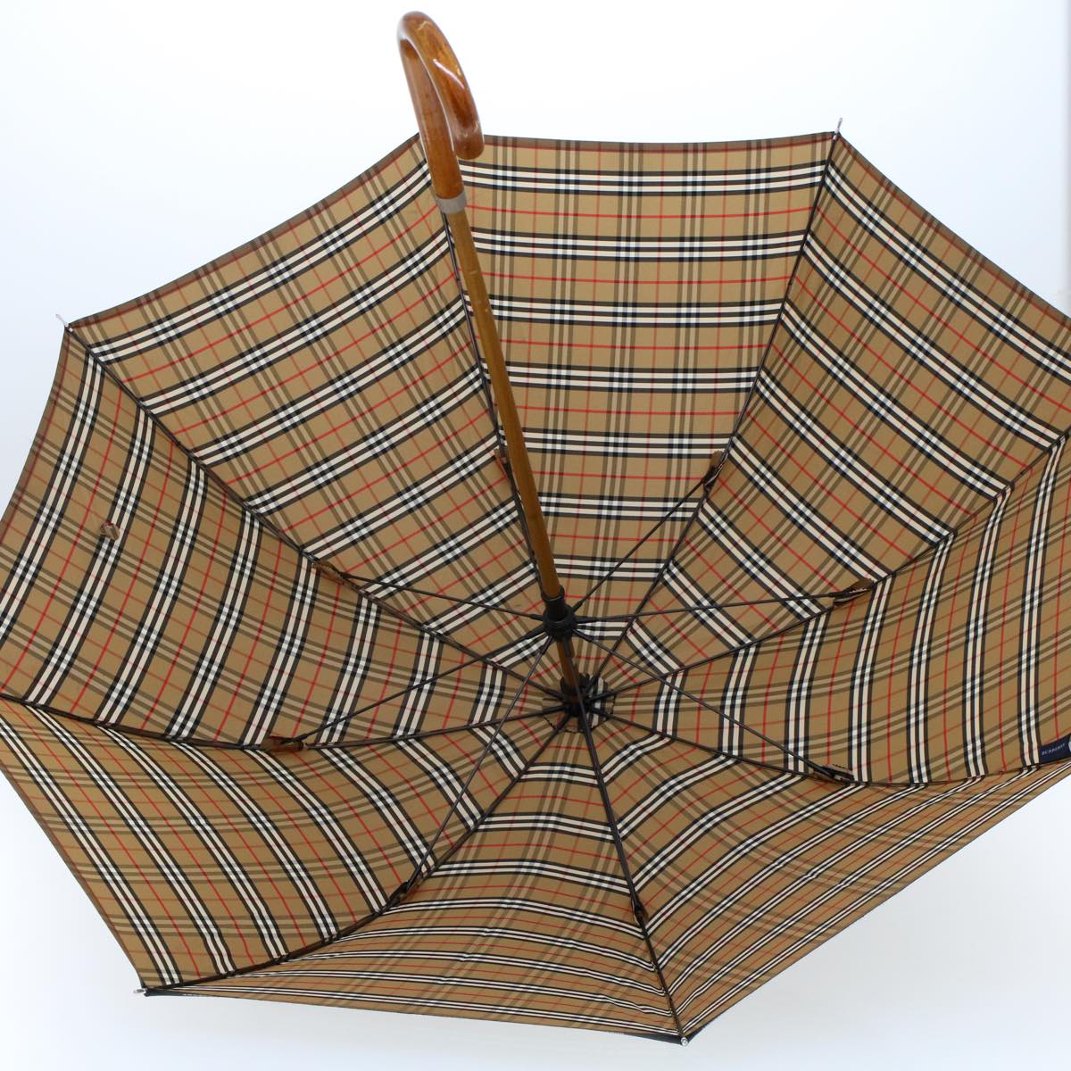 BURBERRY Nova Check Umbrella Nylon Wood Brown Black Red Auth yk7568B