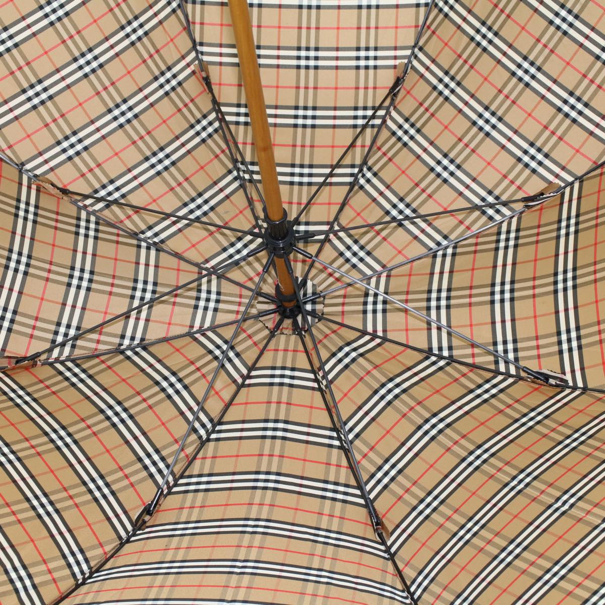 BURBERRY Nova Check Umbrella Nylon Wood Brown Black Red Auth yk7568B