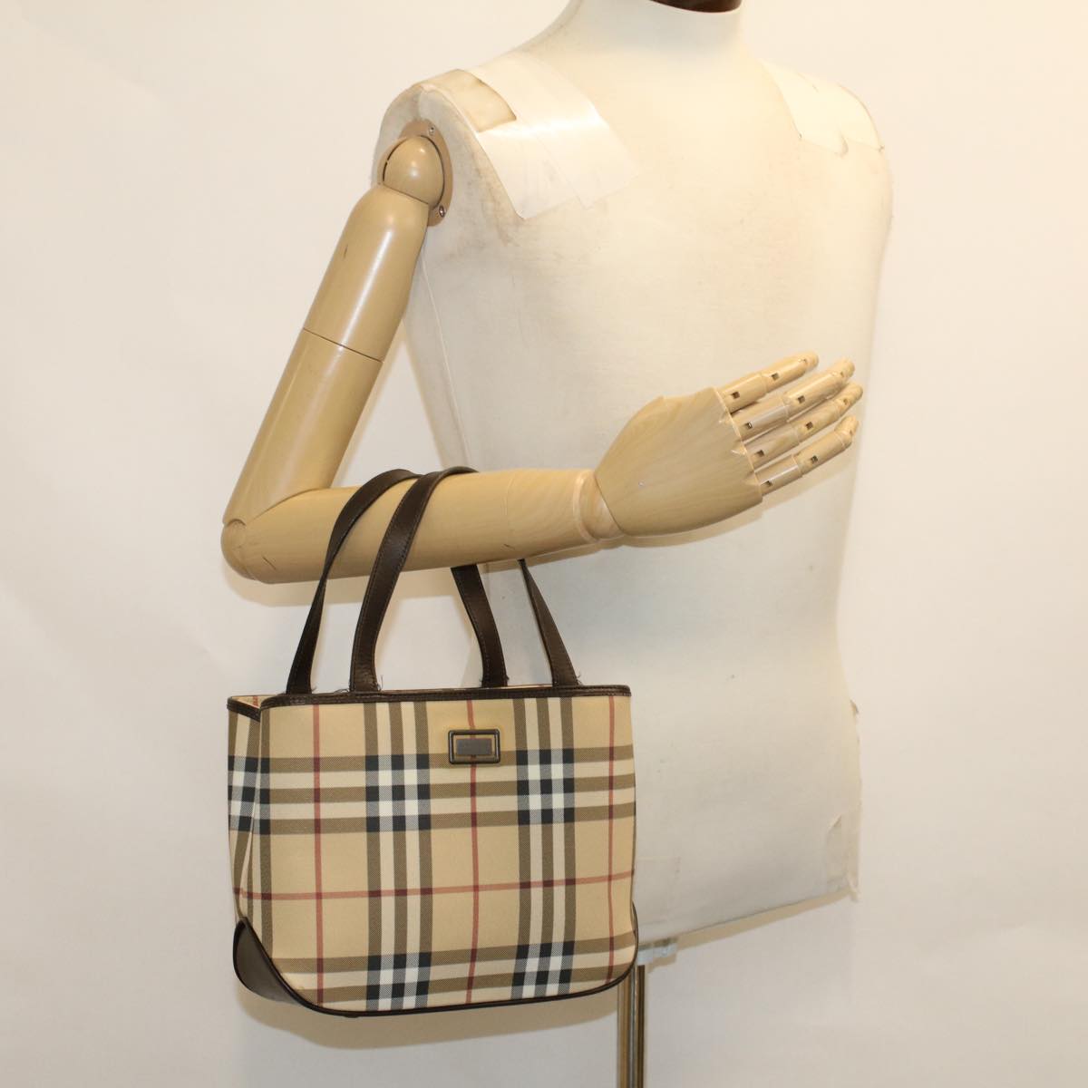 BURBERRY Nova Check Hand Bag PVC Leather Beige Auth yk7580