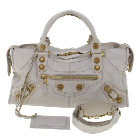 BALENCIAGA The Giant Part Time Hand Bag Leather 2way White 173082 Auth yk7584