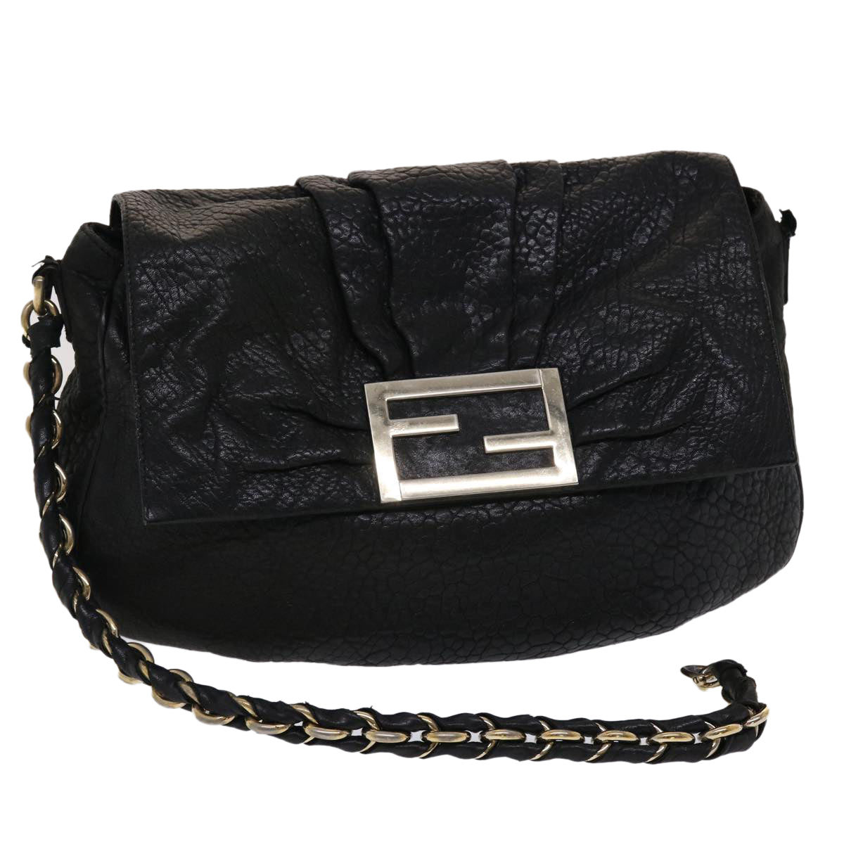 FENDI Chain Shoulder Bag Leather Black Auth yk7651B