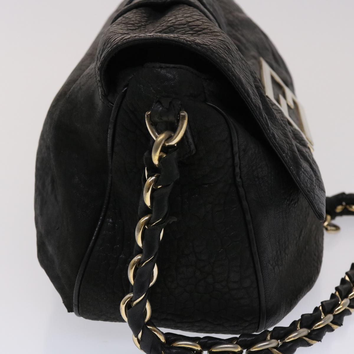 FENDI Chain Shoulder Bag Leather Black Auth yk7651B