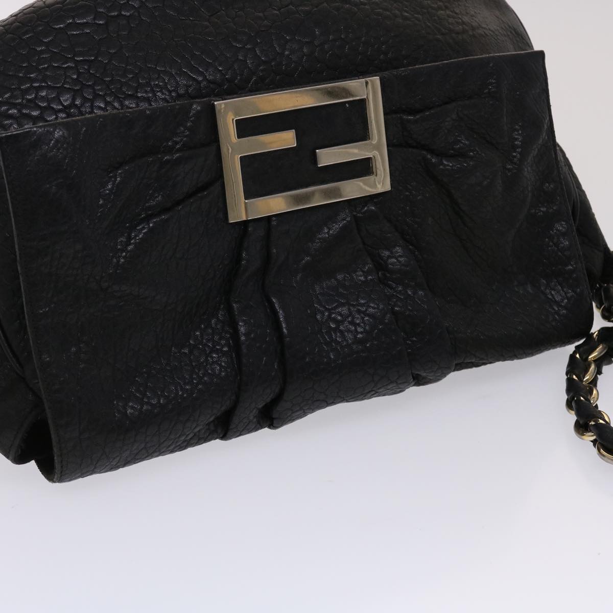 FENDI Chain Shoulder Bag Leather Black Auth yk7651B