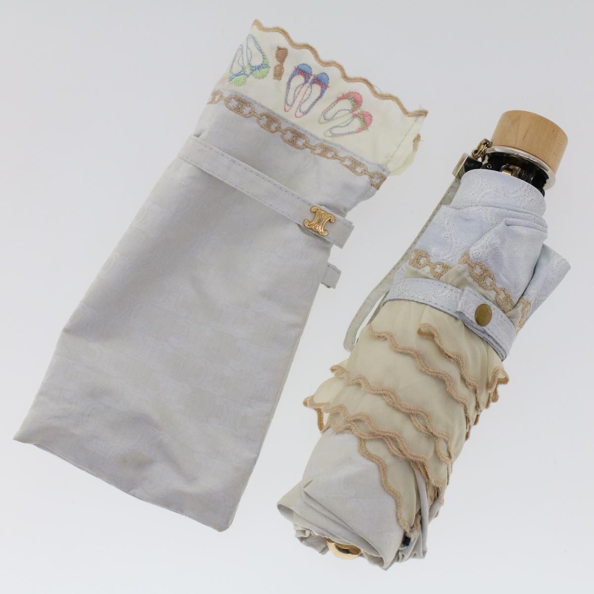 CELINE Macadam Canvas Folding Umbrella Nylon White Auth yk7655B