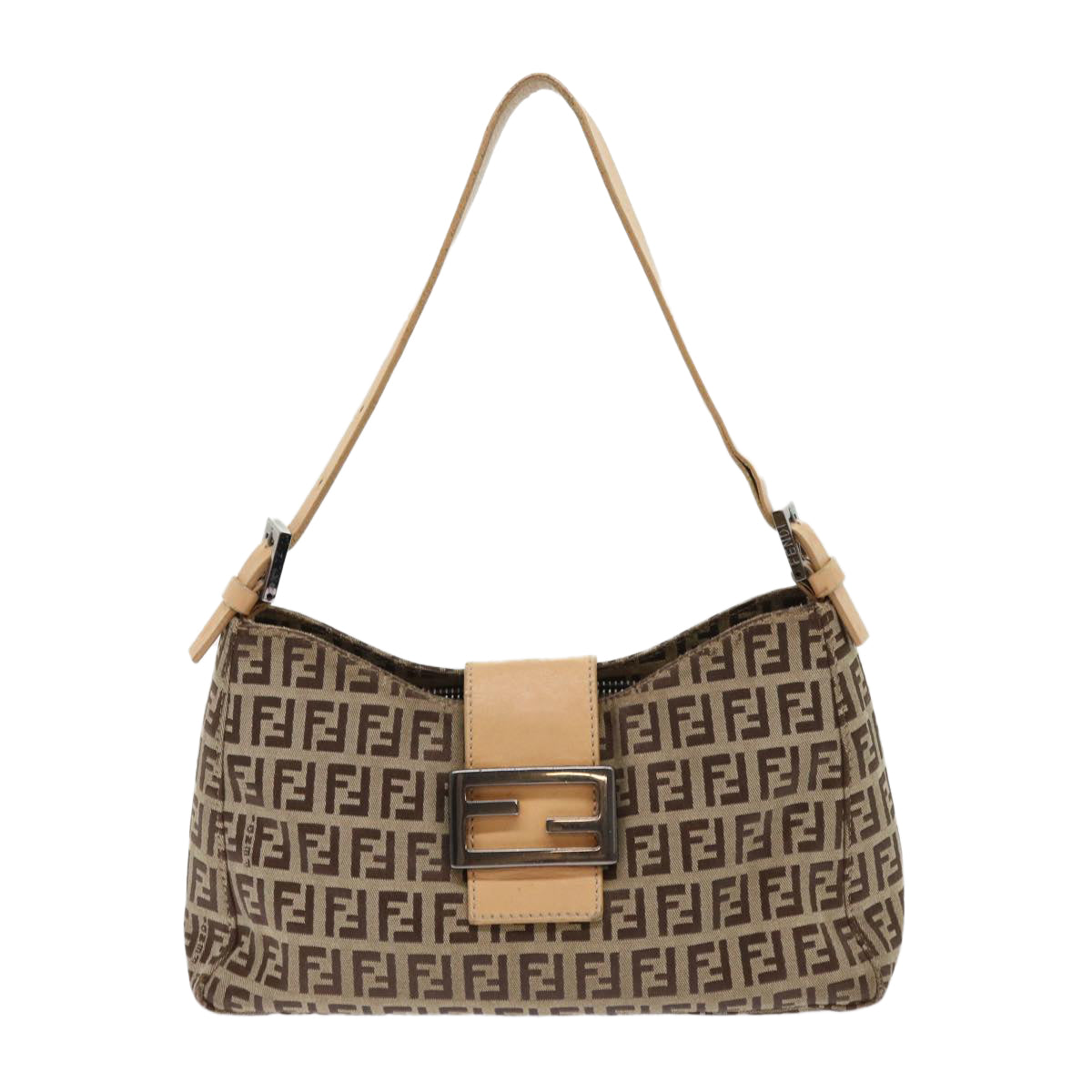 FENDI Zucchino Canvas Mamma Baguette Shoulder Bag Leather Beige Auth yk7711