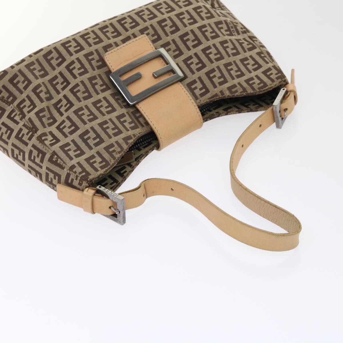 FENDI Zucchino Canvas Mamma Baguette Shoulder Bag Leather Beige Auth yk7711