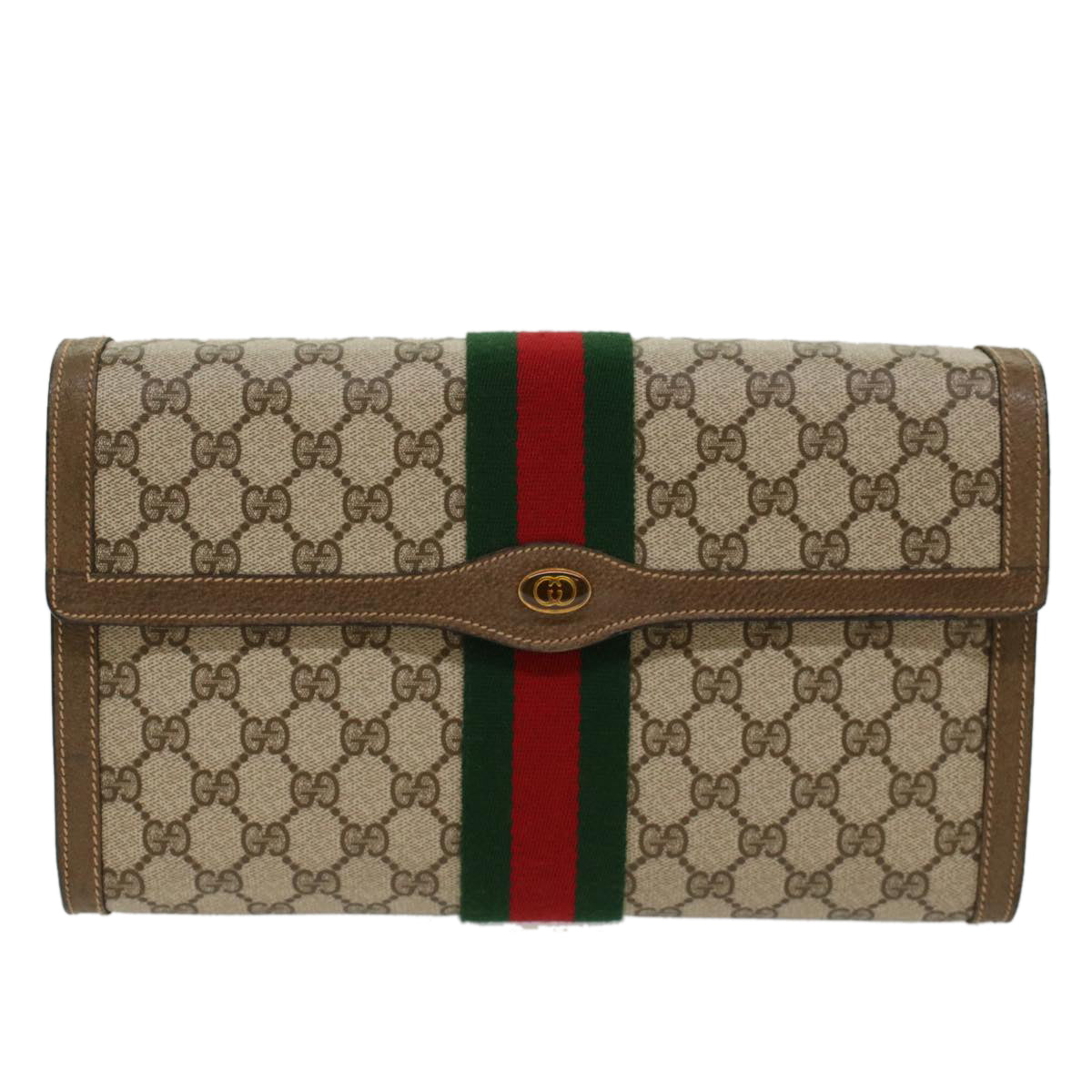 GUCCI GG Canvas Web Sherry Line Clutch Bag Beige Red Green 89.01.007 Auth yk7743