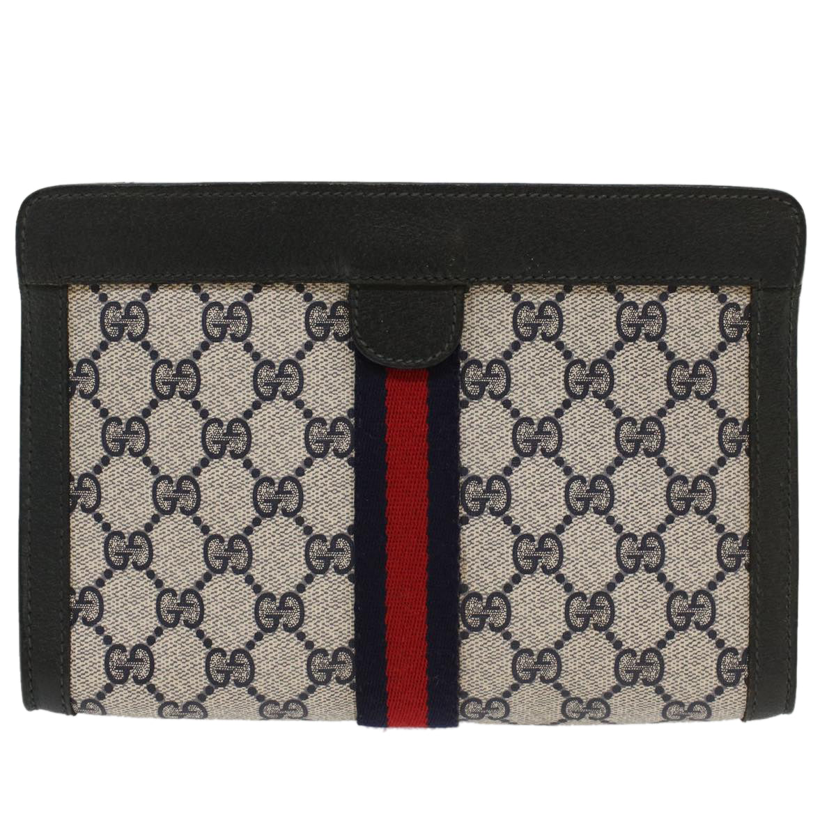 GUCCI GG Canvas Sherry Line Clutch Bag Gray Red Navy 89.01.001 Auth yk7814