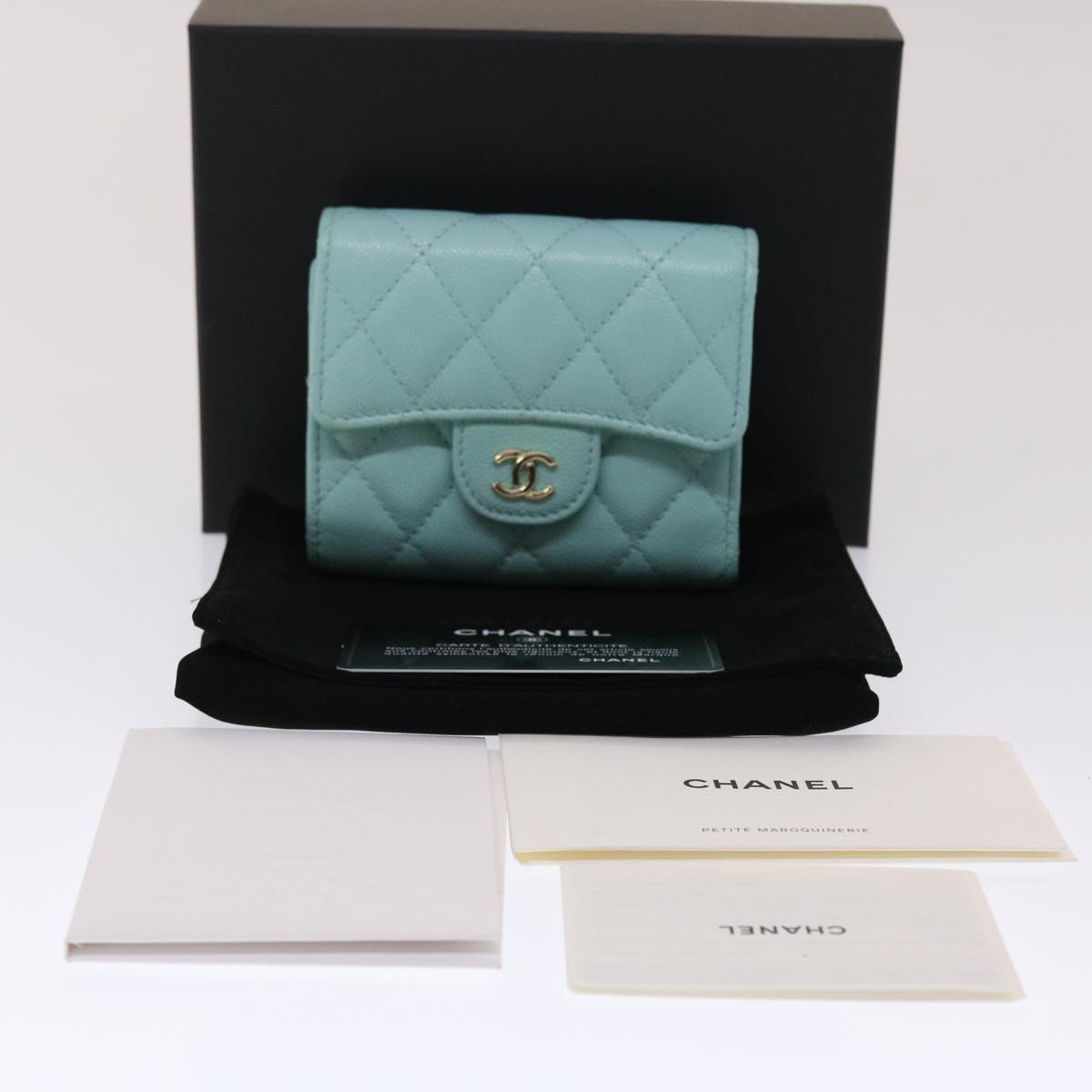 CHANEL Matelasse Wallet Caviar Skin Light Blue CC Auth yk7853