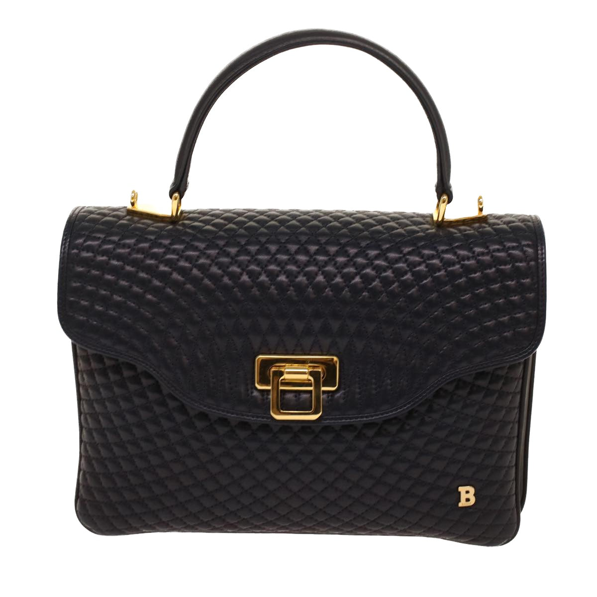 BALLY Quilted Hand Bag Leather 2way Navy Auth yk7858