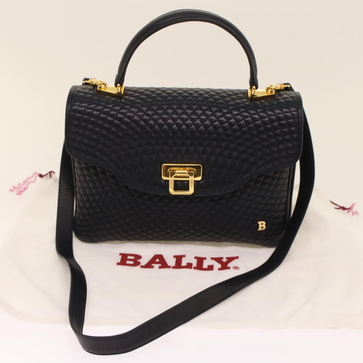 BALLY Quilted Hand Bag Leather 2way Navy Auth yk7858