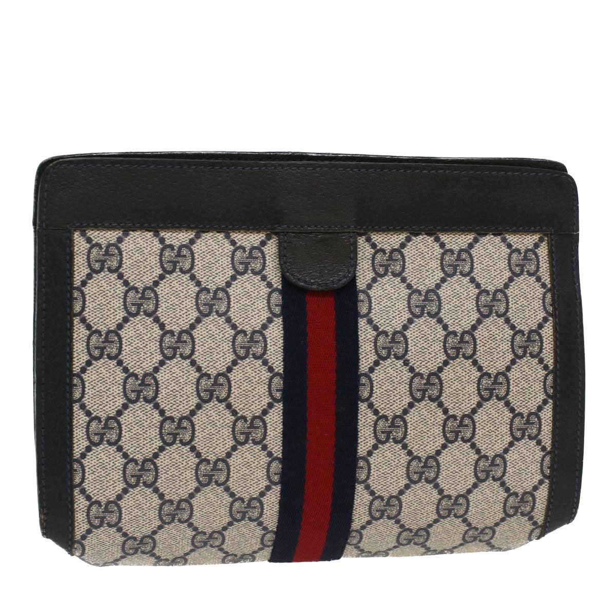 GUCCI GG Canvas Sherry Line Clutch Bag PVC Leather Navy Red Auth yk7860