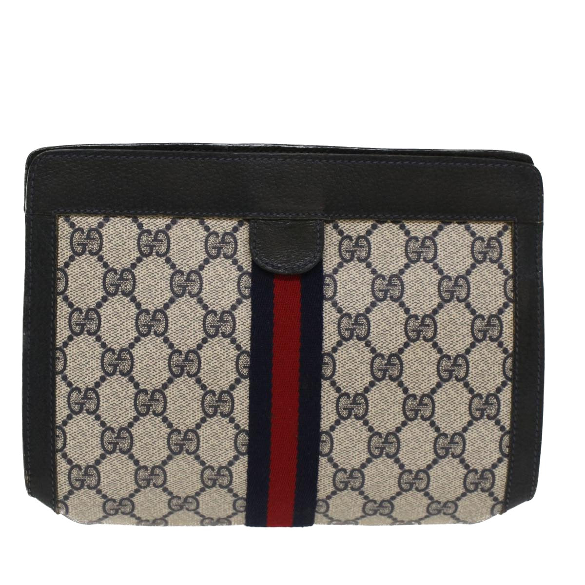 GUCCI GG Canvas Sherry Line Clutch Bag PVC Leather Navy Red Auth yk7860