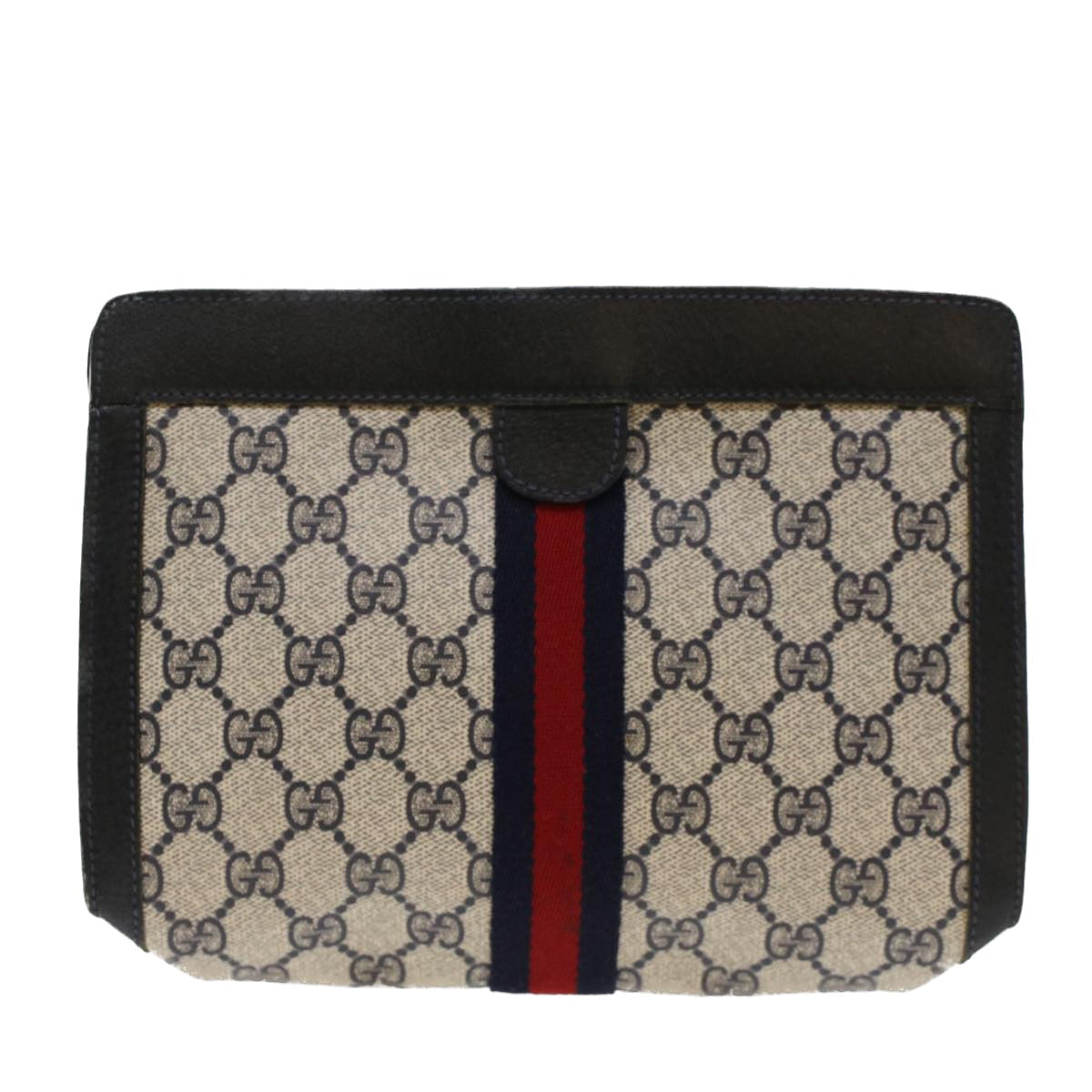 GUCCI GG Canvas Sherry Line Clutch Bag PVC Leather Navy Red Auth yk7860 - 0