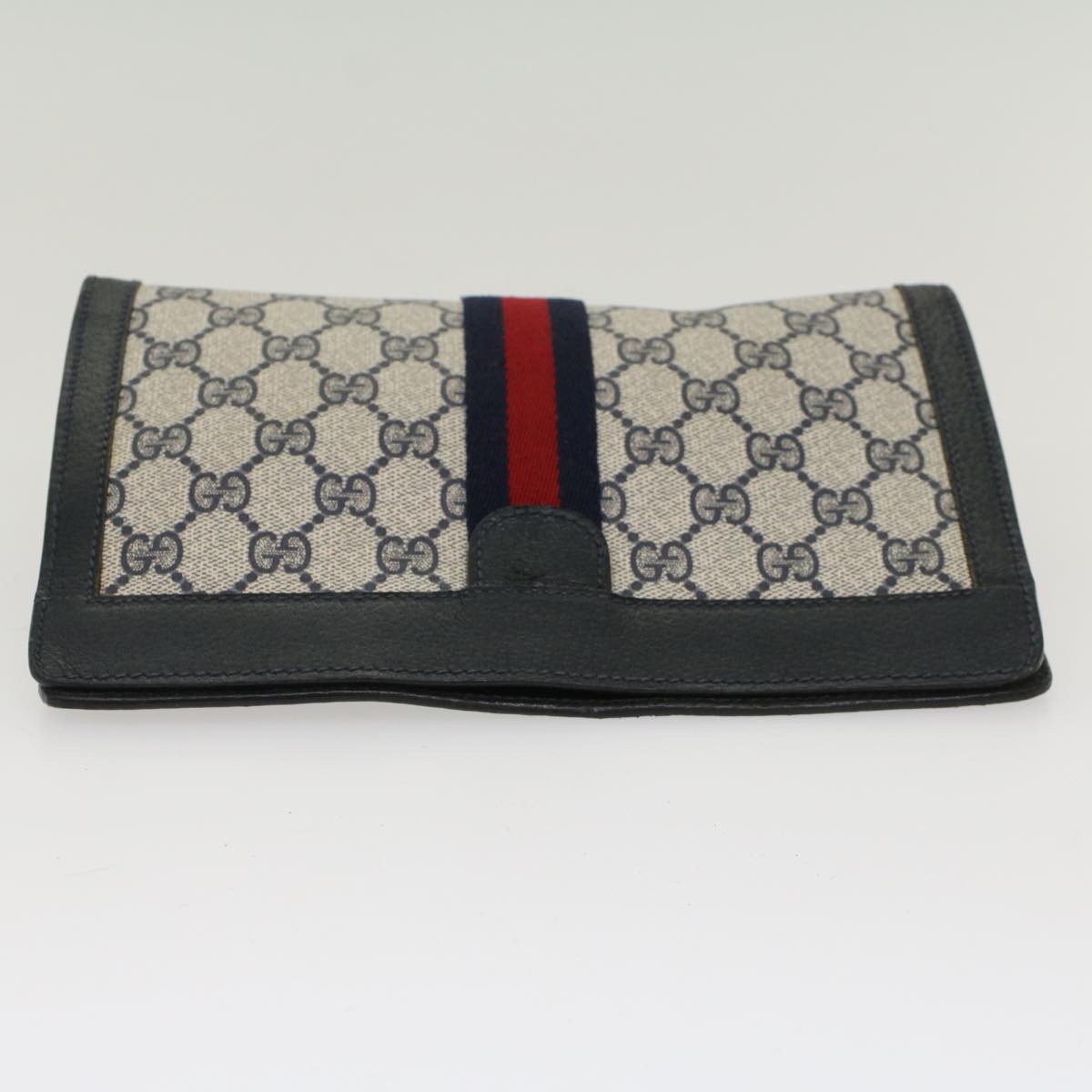 GUCCI GG Canvas Sherry Line Clutch Bag PVC Leather Navy Red Auth yk7860