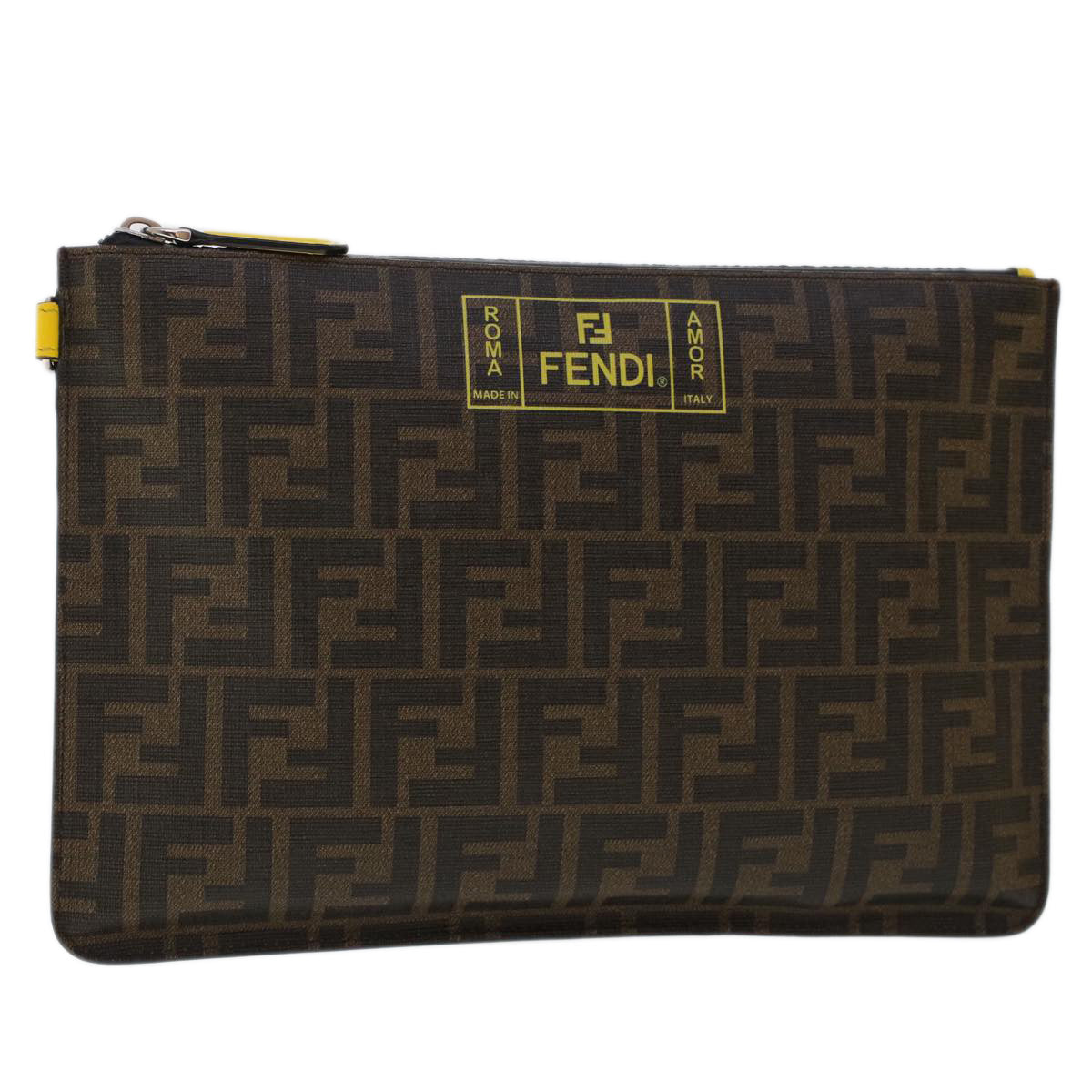 FENDI Zucca Canvas Clutch Bag PVC Leather Brown Black yellow Auth yk7868