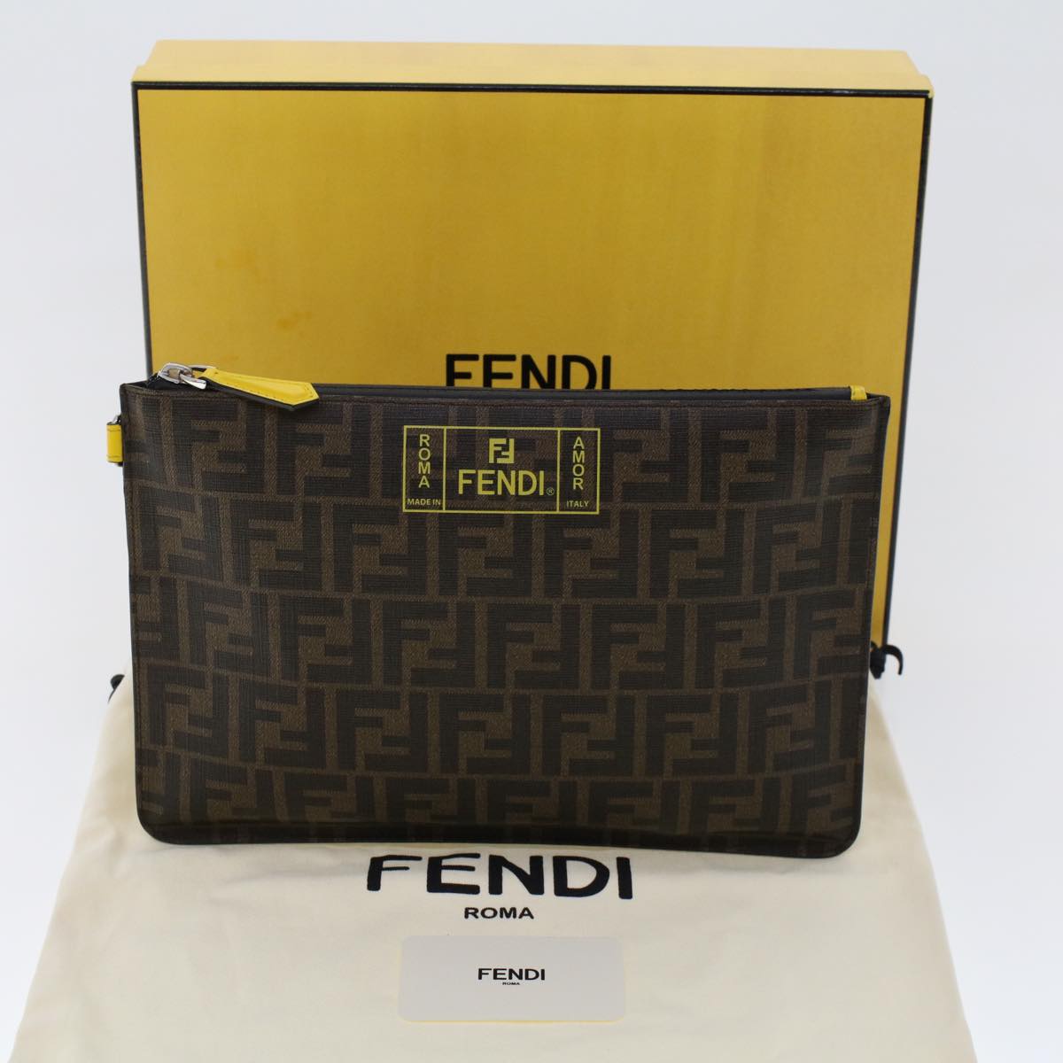 FENDI Zucca Canvas Clutch Bag PVC Leather Brown Black yellow Auth yk7868