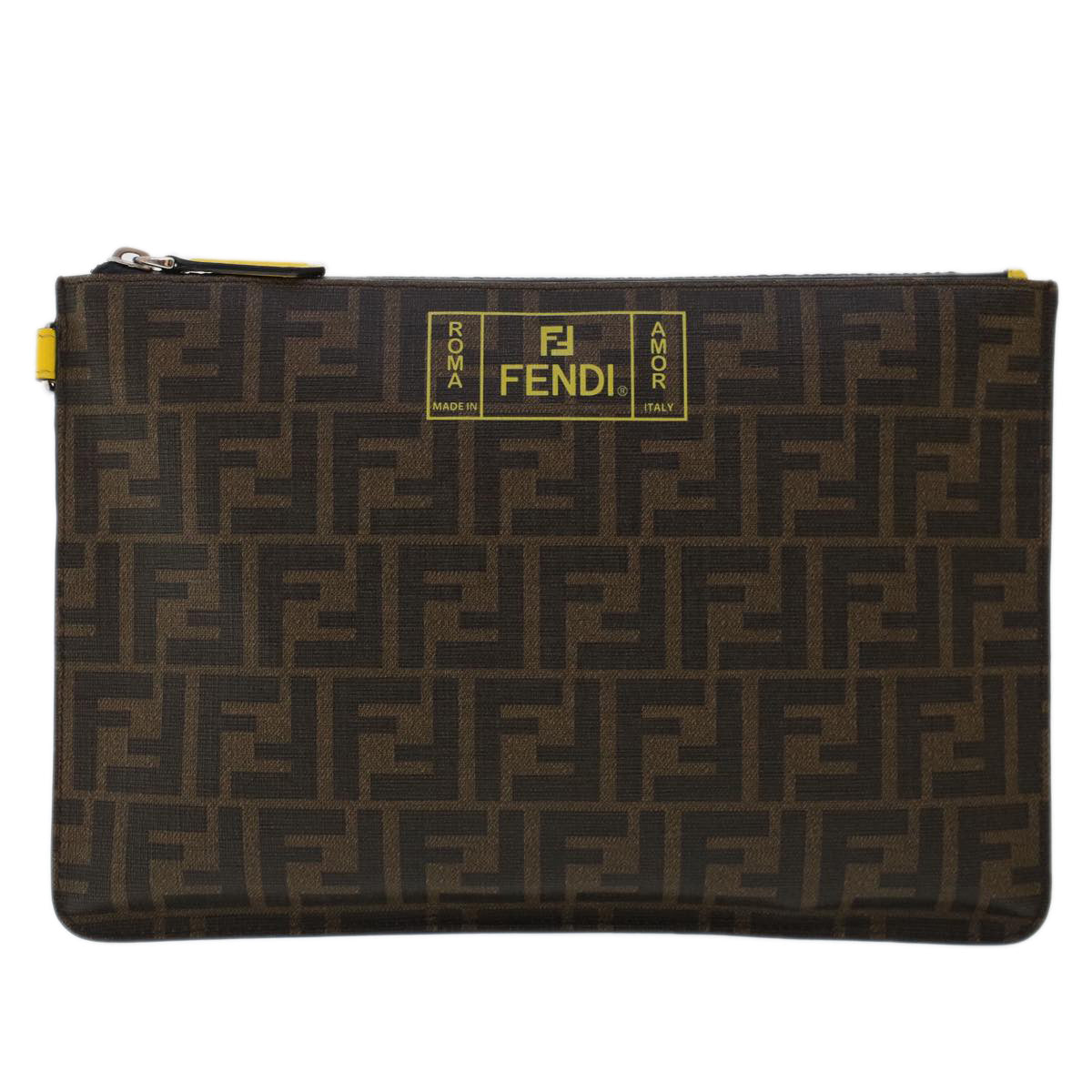 FENDI Zucca Canvas Clutch Bag PVC Leather Brown Black yellow Auth yk7868