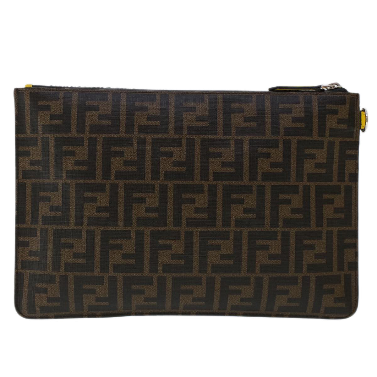 FENDI Zucca Canvas Clutch Bag PVC Leather Brown Black yellow Auth yk7868 - 0