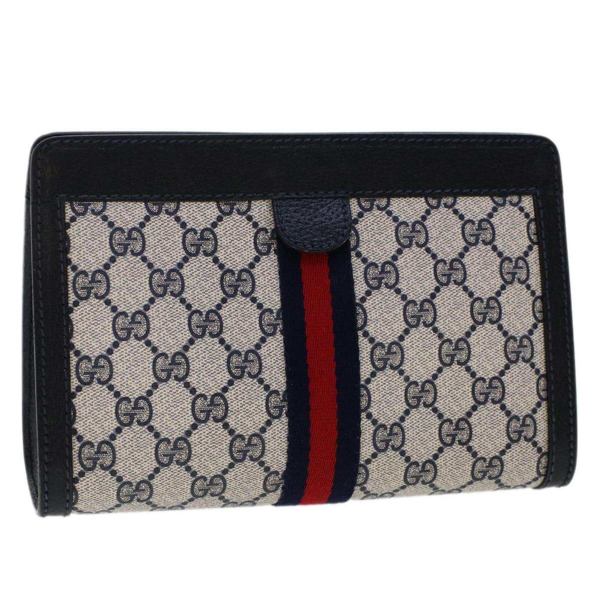 GUCCI GG Canvas Sherry Line Clutch Bag PVC Leather Navy Red Auth yk7884