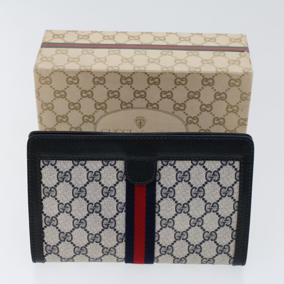 GUCCI GG Canvas Sherry Line Clutch Bag PVC Leather Navy Red Auth yk7884