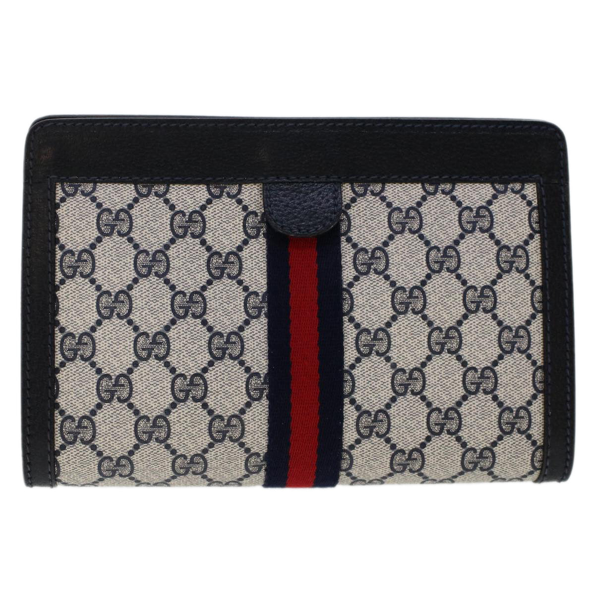 GUCCI GG Canvas Sherry Line Clutch Bag PVC Leather Navy Red Auth yk7884