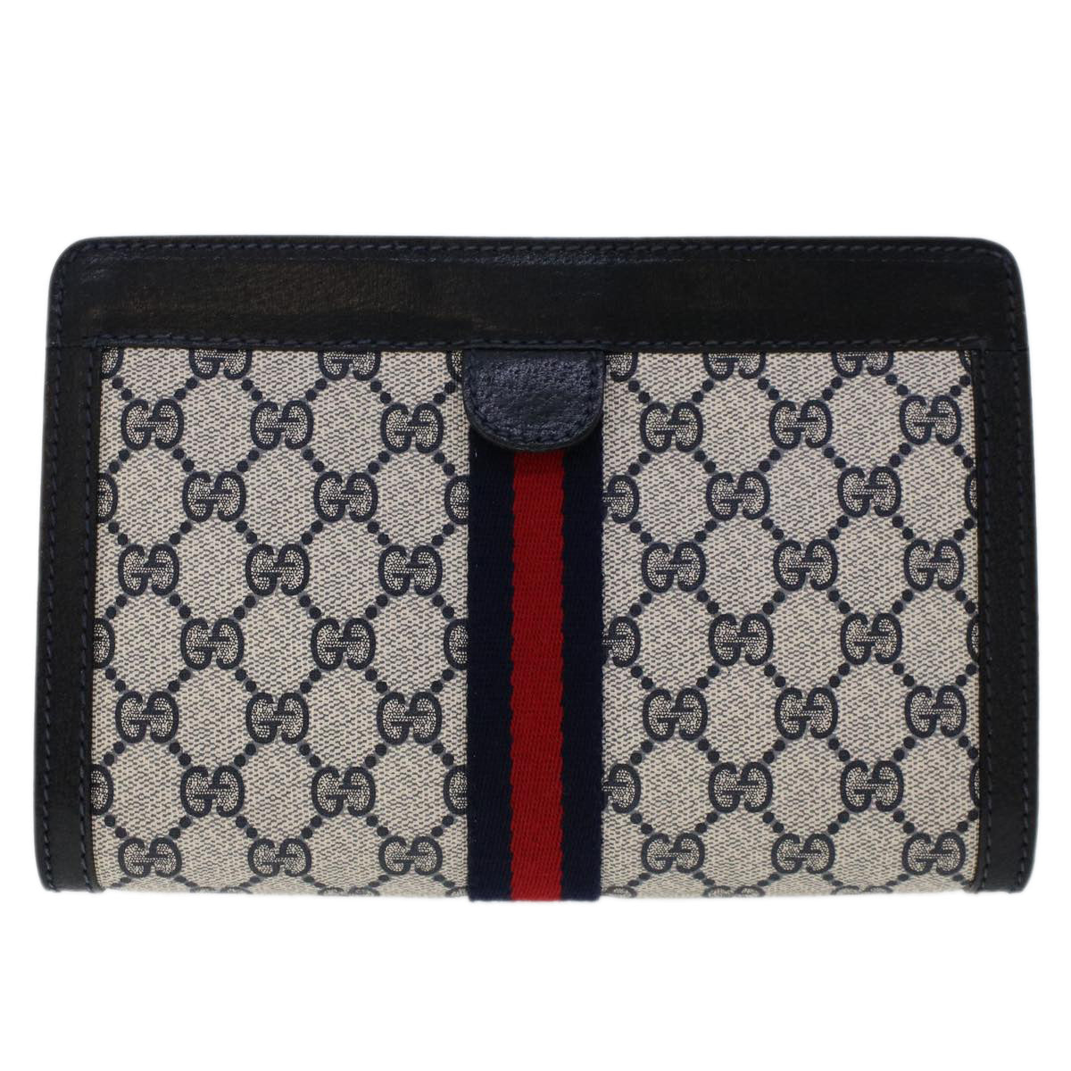 GUCCI GG Canvas Sherry Line Clutch Bag PVC Leather Navy Red Auth yk7884 - 0